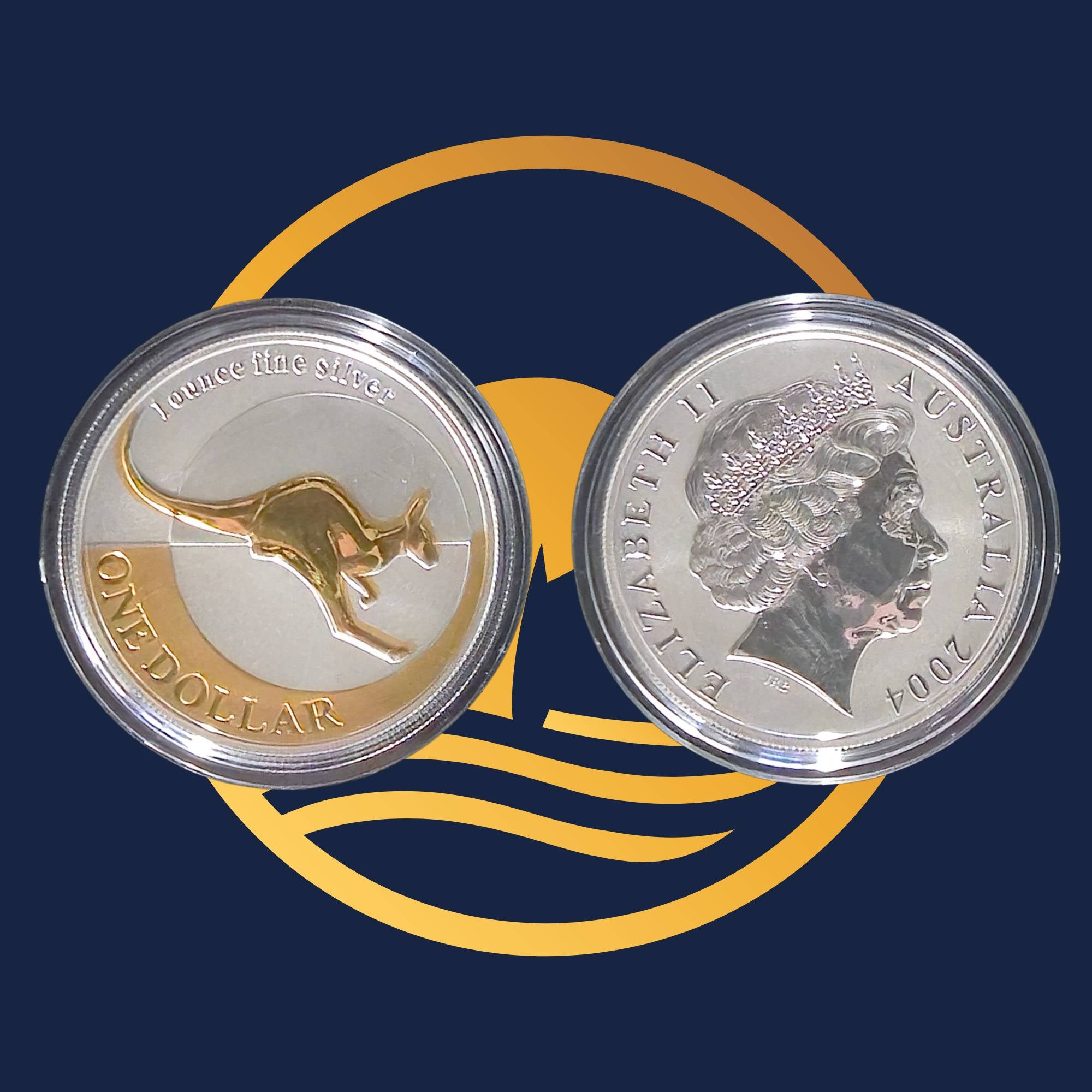 Royal Australian Mint 2004 Kangaroo silver coin reverse and obverse, on a blue background with a kangaroo emblem.