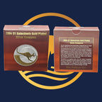 Royal Australian Mint 2004 Kangaroo Selectively Gold Plated Silver Kangaroo coin packaging with gold and silver elements on a blue background.