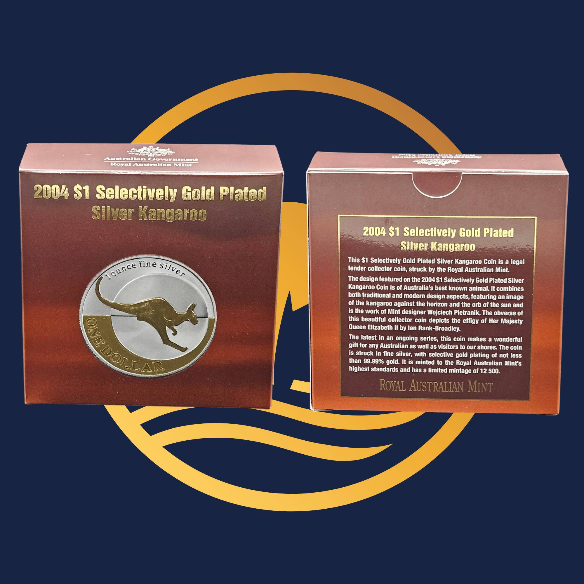 Royal Australian Mint 2004 Kangaroo Selectively Gold Plated Silver Kangaroo coin packaging with gold and silver elements on a blue background.
