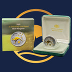 Royal Australian Mint 2005 Kangaroo silver coin with gold plating in a display case and packaging on a blue background