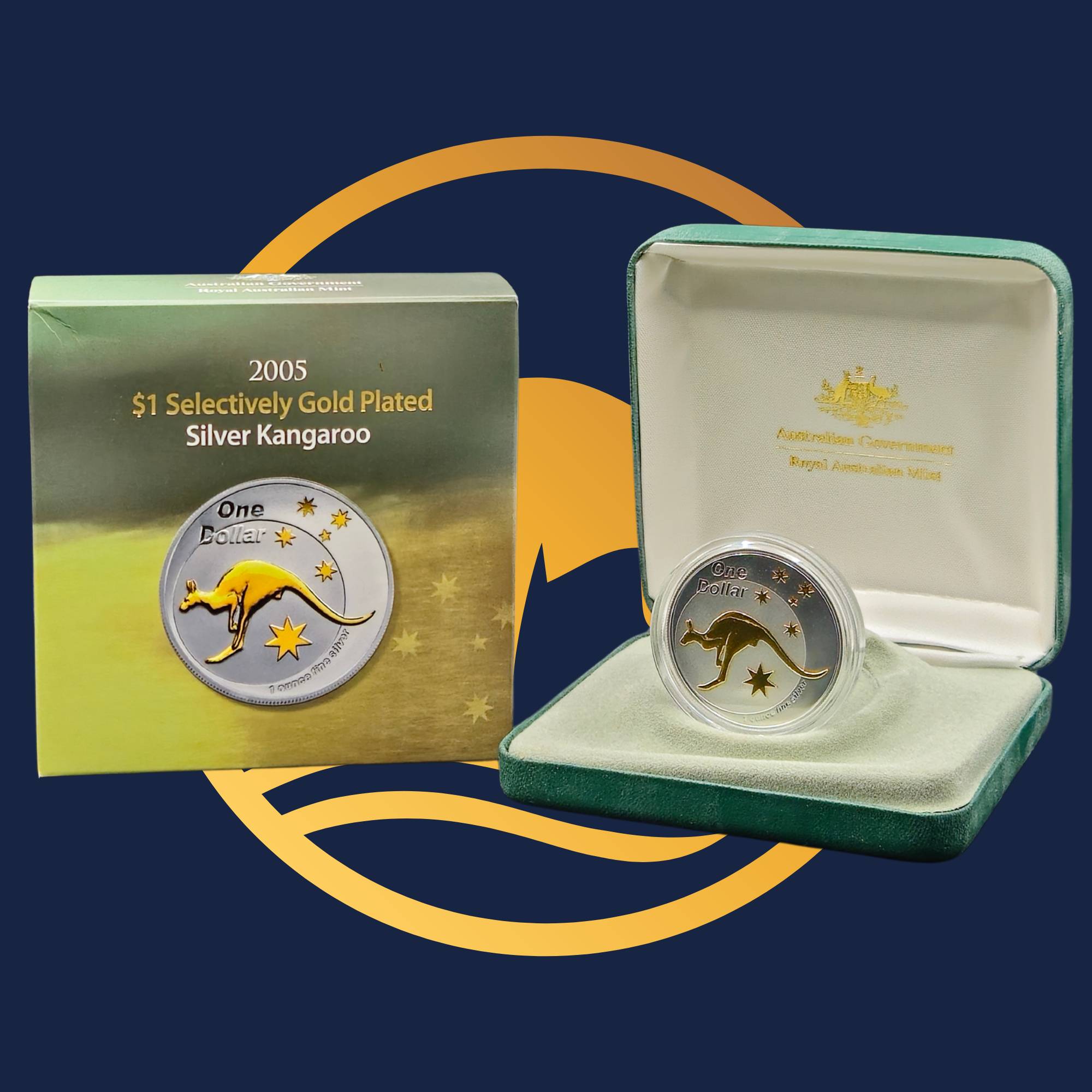 Royal Australian Mint 2005 Kangaroo silver coin with gold plating in a display case and packaging on a blue background