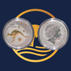 Royal Australian Mint 2005 Kangaroo silver coin with a kangaroo and a portrait on a blue and yellow background