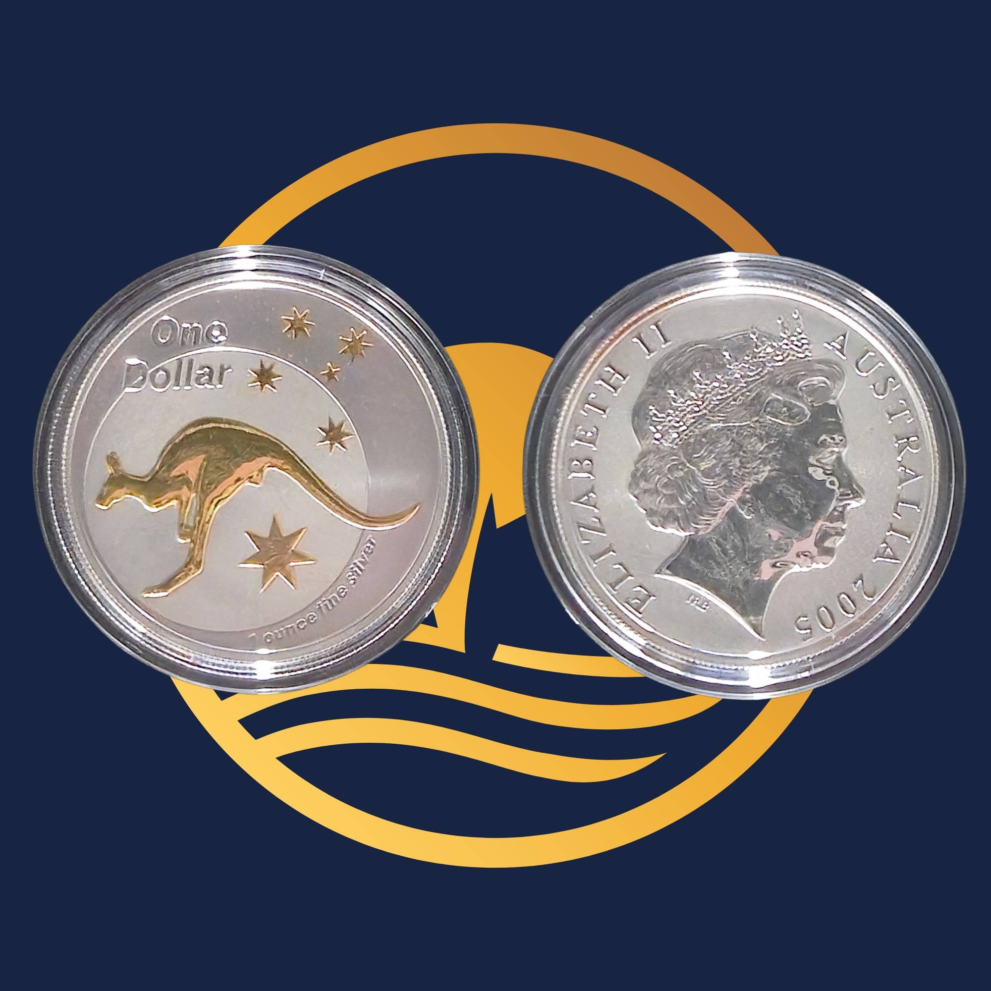 Royal Australian Mint 2005 Kangaroo silver coin with a kangaroo and a portrait on a blue and yellow background