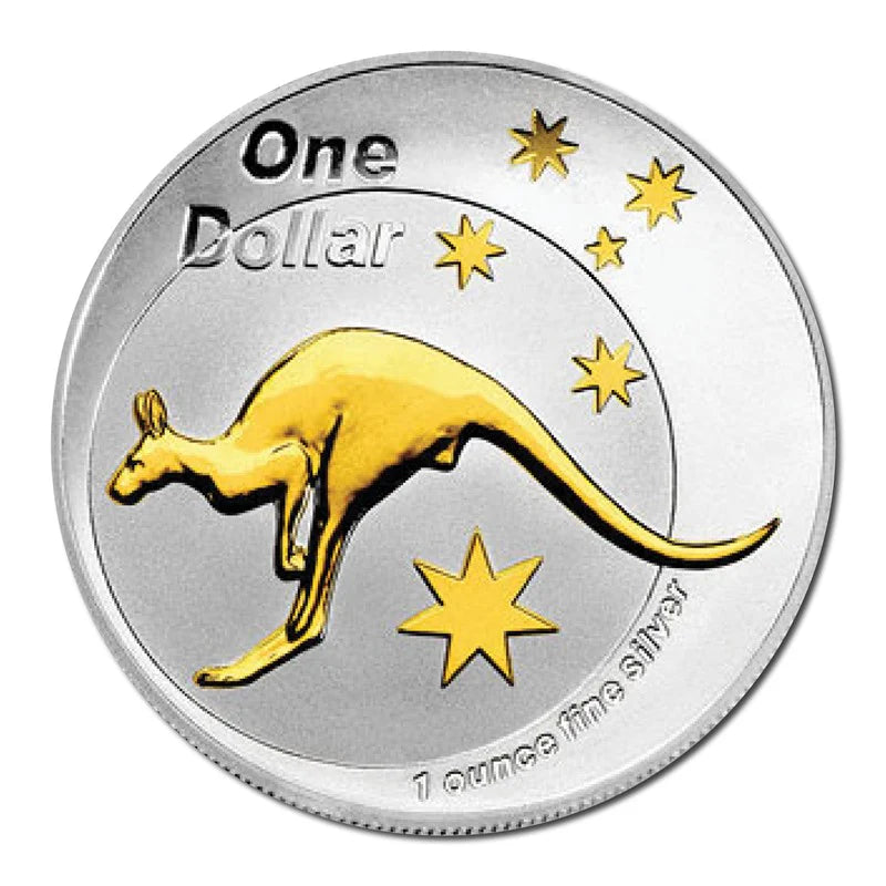 Royal Australian Mint 2005 Kangaroo silver coin with a gold kangaroo and stars on a silver background