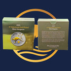 Royal Australian Mint 2005 Kangaroo selectively Gold Plated Silver Kangaroo coin with packaging on a blue background