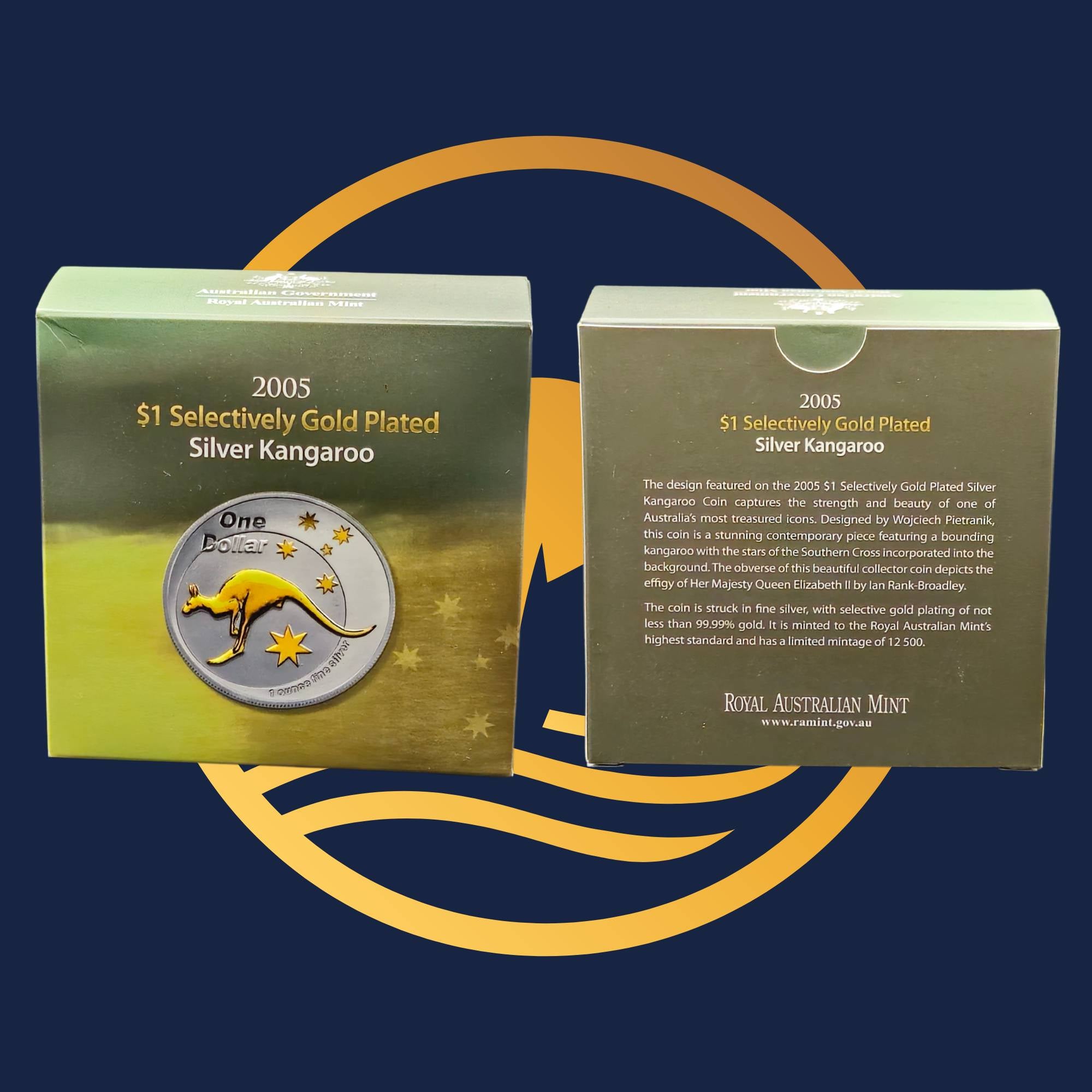 Royal Australian Mint 2005 Kangaroo selectively Gold Plated Silver Kangaroo coin with packaging on a blue background