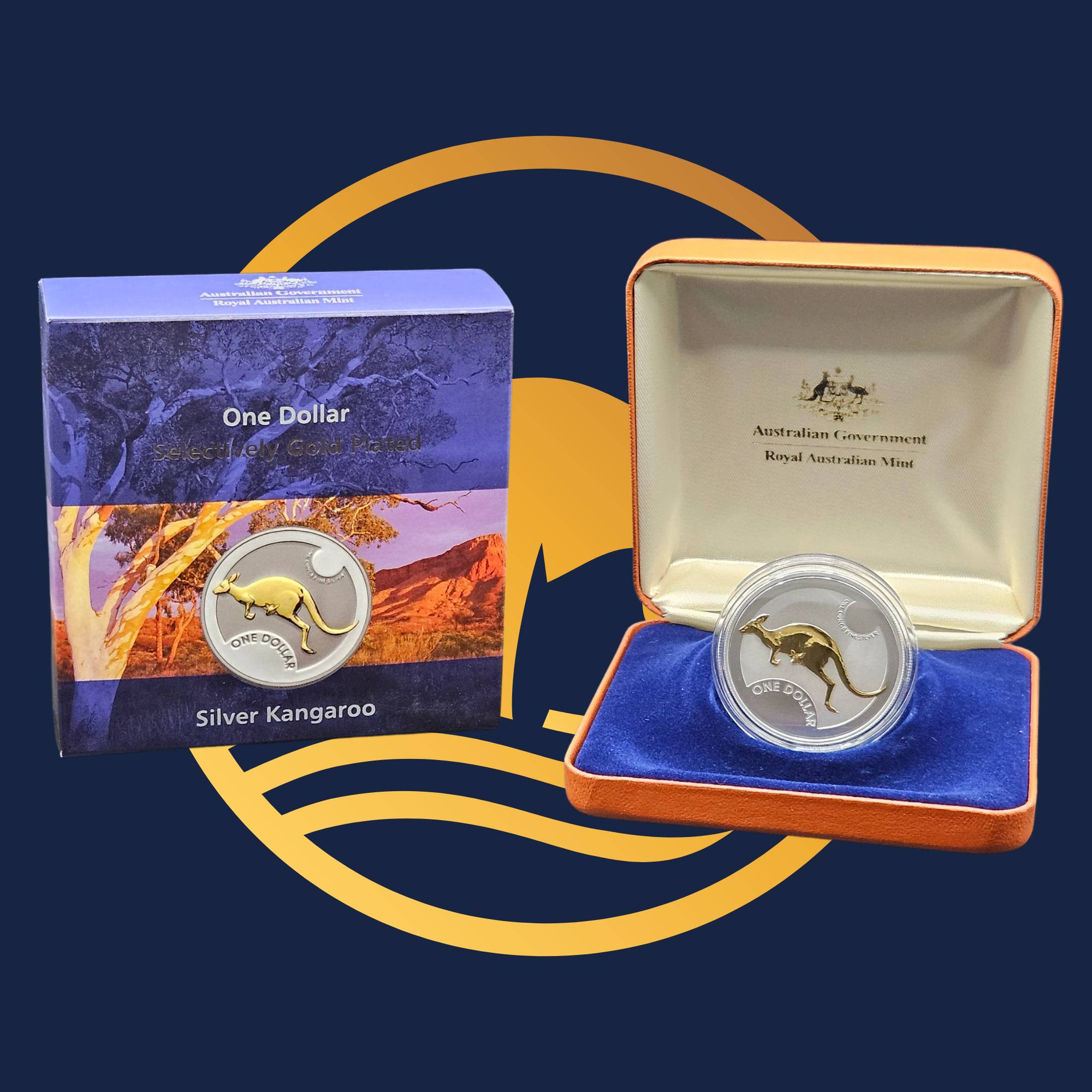 Royal Australian Mint 2006 Kangaroo coin in a display case with packaging on a blue background