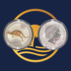 Royal Australian Mint 2006 Kangaroo silver coin with a kangaroo and a portrait on a blue and yellow circular design