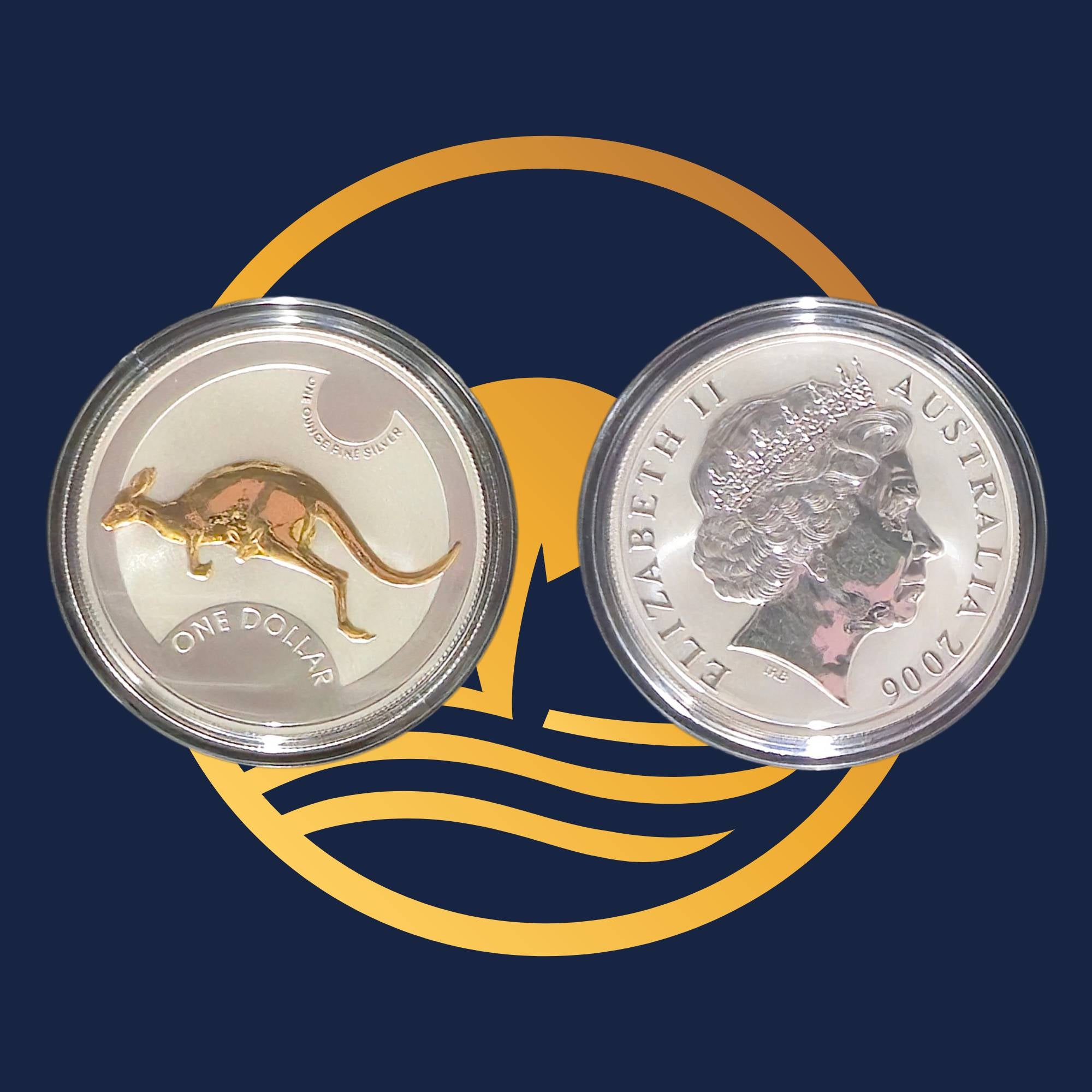 Royal Australian Mint 2006 Kangaroo silver coin with a kangaroo and a portrait on a blue and yellow circular design