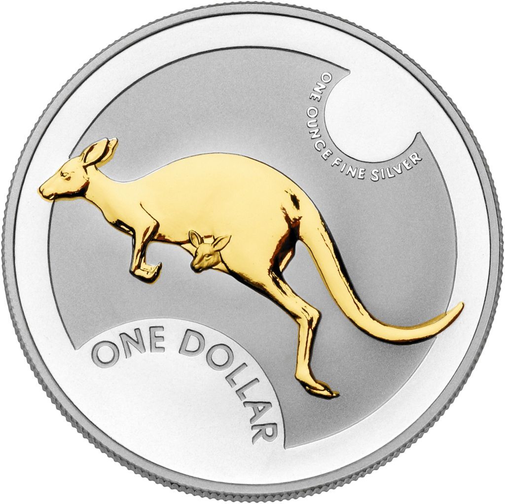 Royal Australian Mint 2006 Kangaroo silver coin with a gold kangaroo design on a silver background