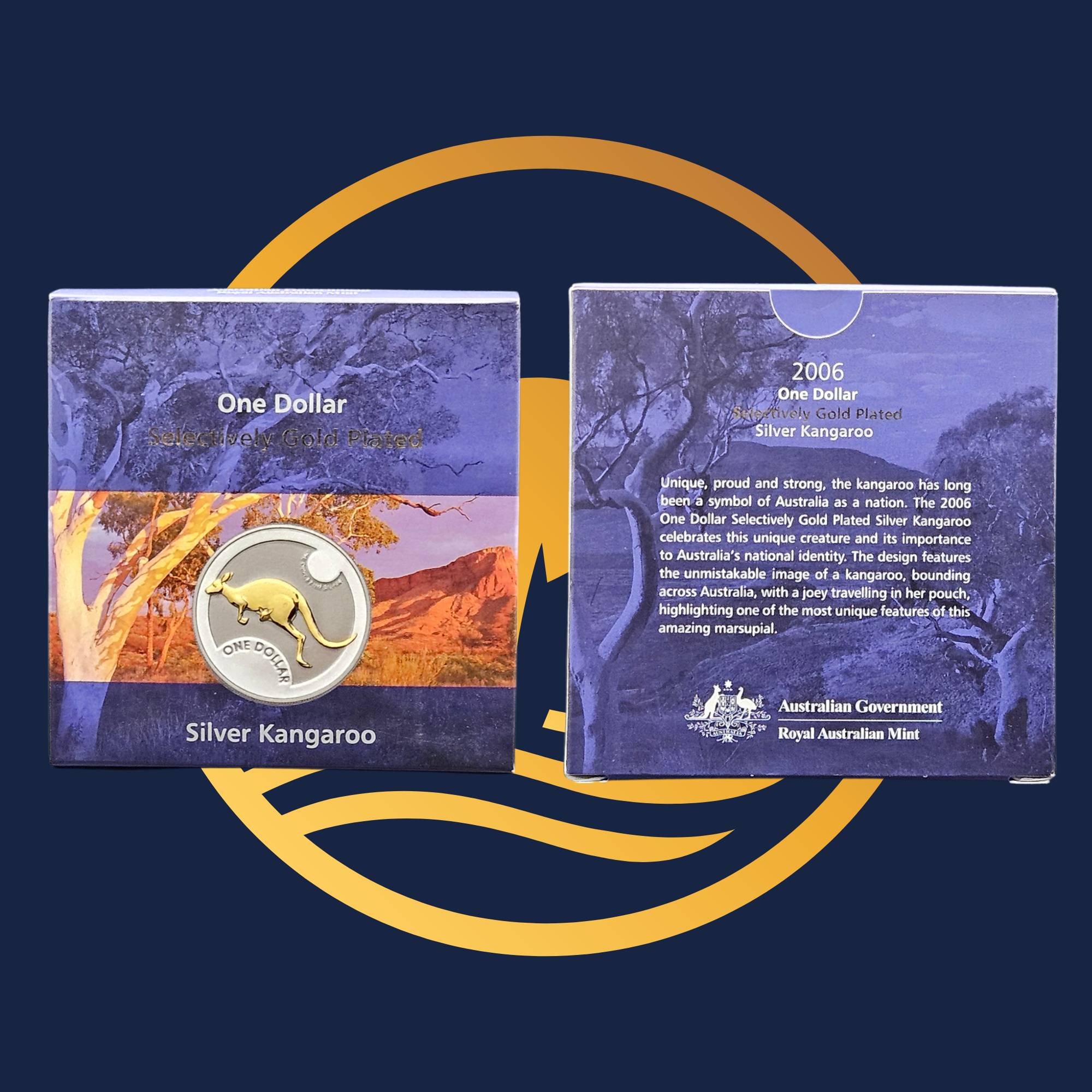Royal Australian Mint 2006 Kangaroo silver coin in packaging with a blue and yellow design.