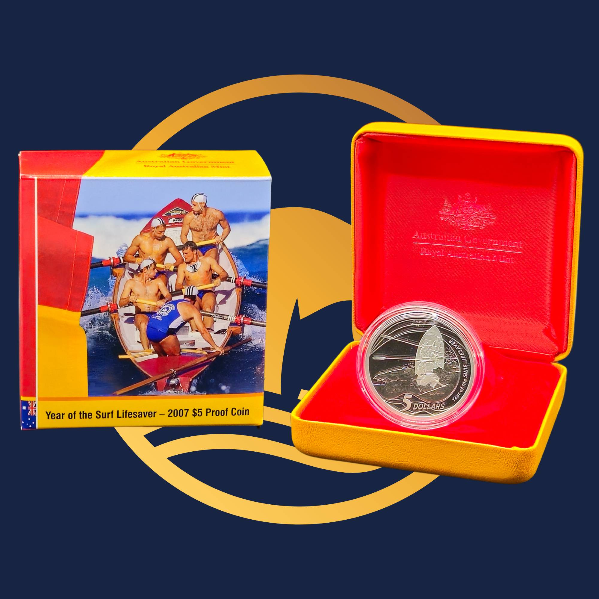 Royal Australian Mint 2007 Year of the Lifesaver silver coin in a red and yellow box with a colourful label on a blue background