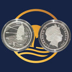 Royal Australian Mint 2007 silver coin Year of the surf lifesaver reverse and obverse on a blue background