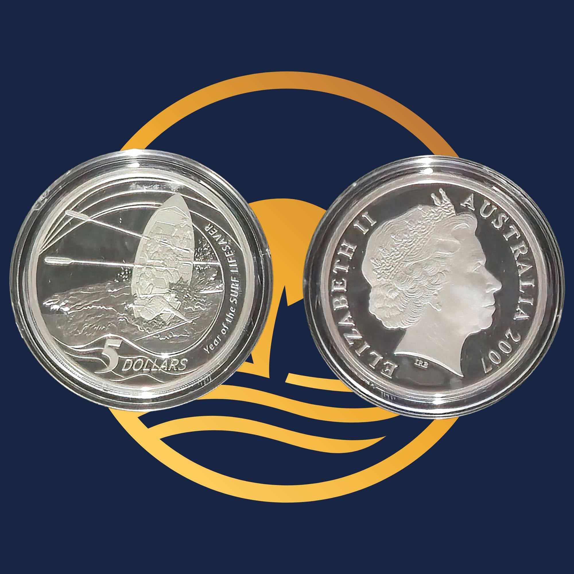 Royal Australian Mint 2007 silver coin Year of the surf lifesaver reverse and obverse on a blue background