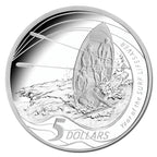 Royal Australian Mint 2007 silver coin with a design of surfers and a lifeboat, featuring the text '5 Dollars' and 'Year of the Surf Life Saver'.