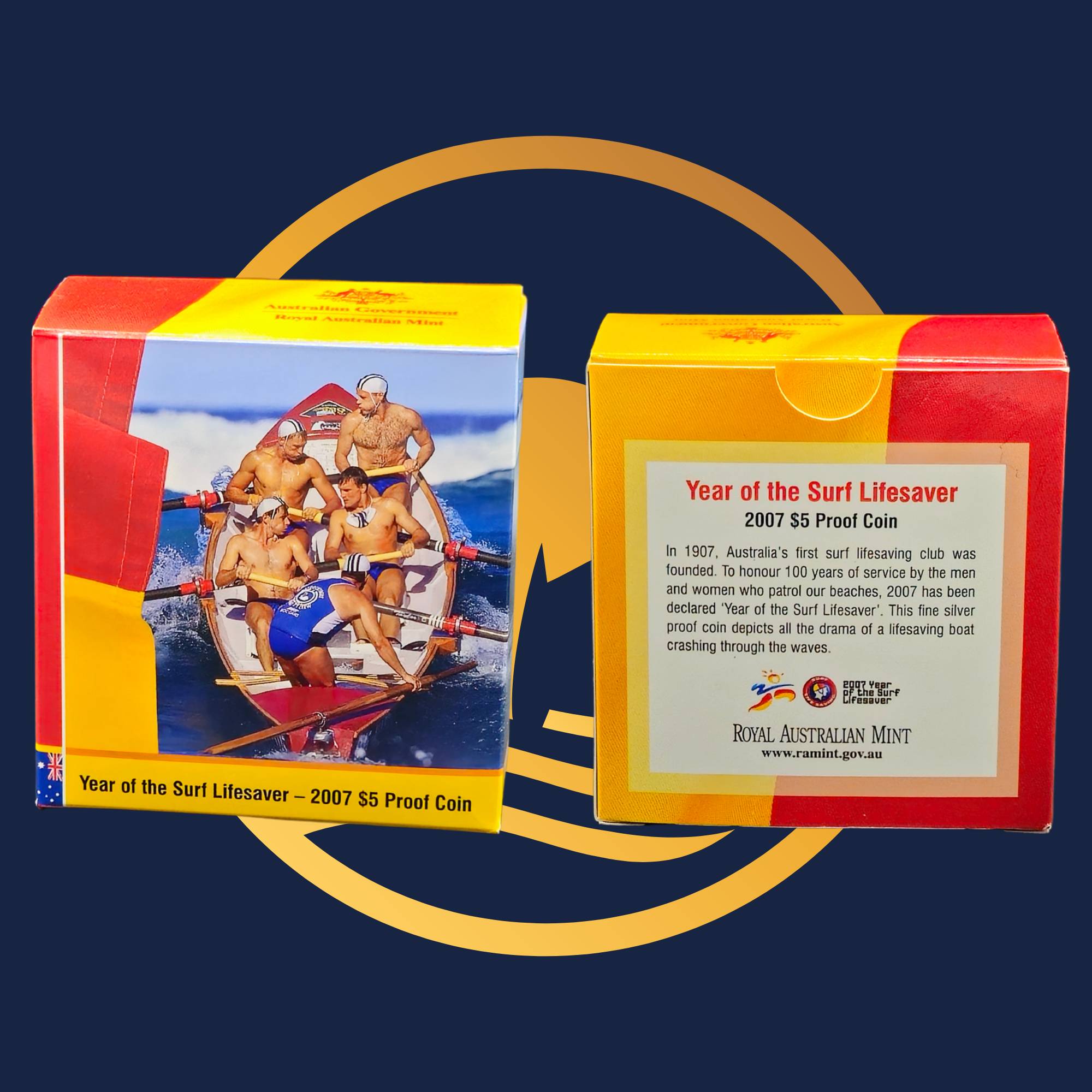 Royal Australian Mint two coin boxes for 'Year of the Surf Lifesaver' 2007 proof coin on a blue background