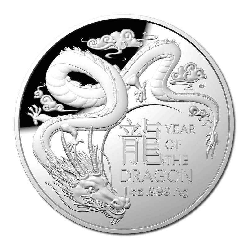 Silver coin featuring a dragon design with 'Year of the Dragon' text on a white background