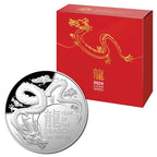 Silver coin with dragon design and red box labeled '2024 Lunar Series' on a white background