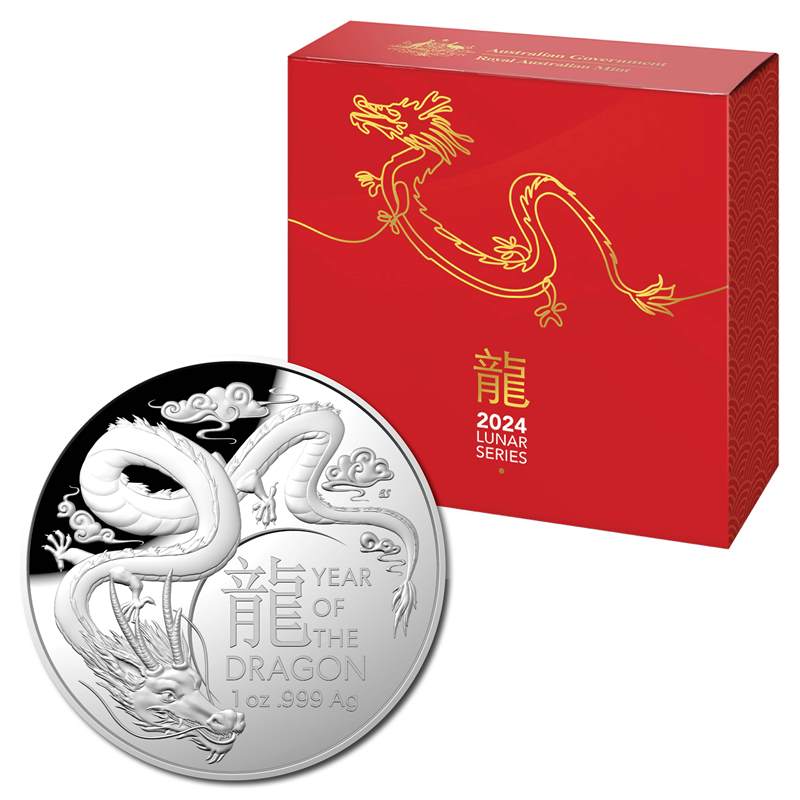 Silver coin with dragon design and red box labeled '2024 Lunar Series' on a white background