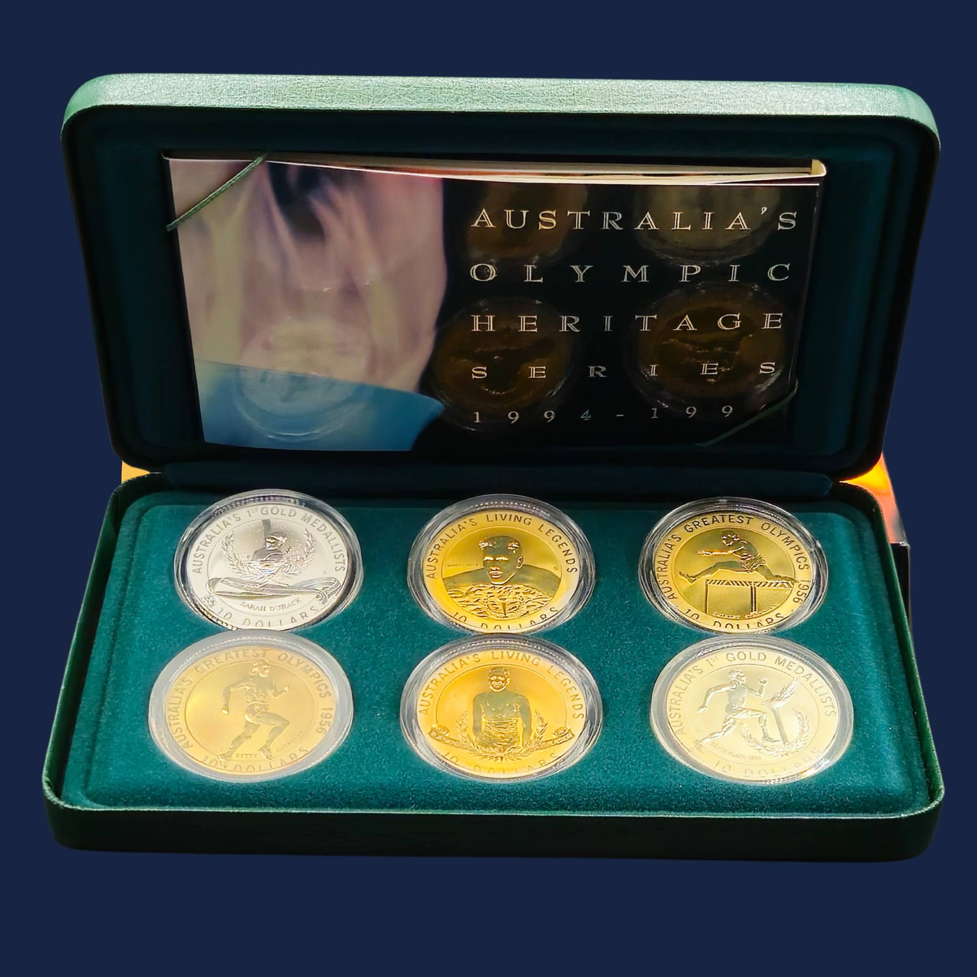 Royal Australian Mint 1994-96 set of six coins in a display case with 'Australia's Olympic Heritage Series' text.
