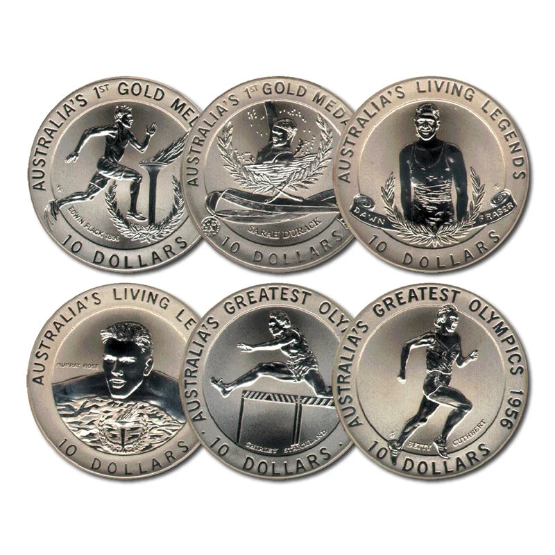 Royal Australian Mint 1994-96 set of six silver coins featuring Australian athletes and text on a white background