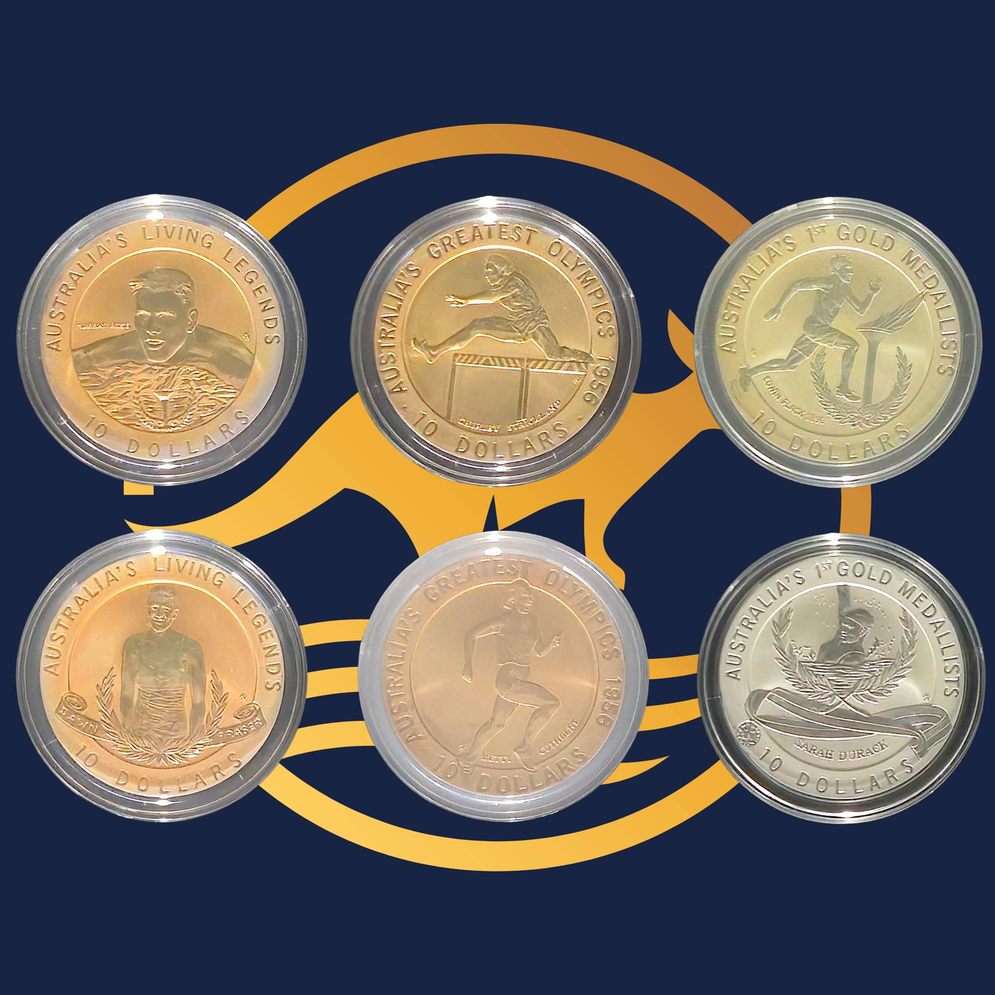 Royal Australian Mint 1994-96 set of six gold and silver coins with Australian Olympic themed designs on a blue background.