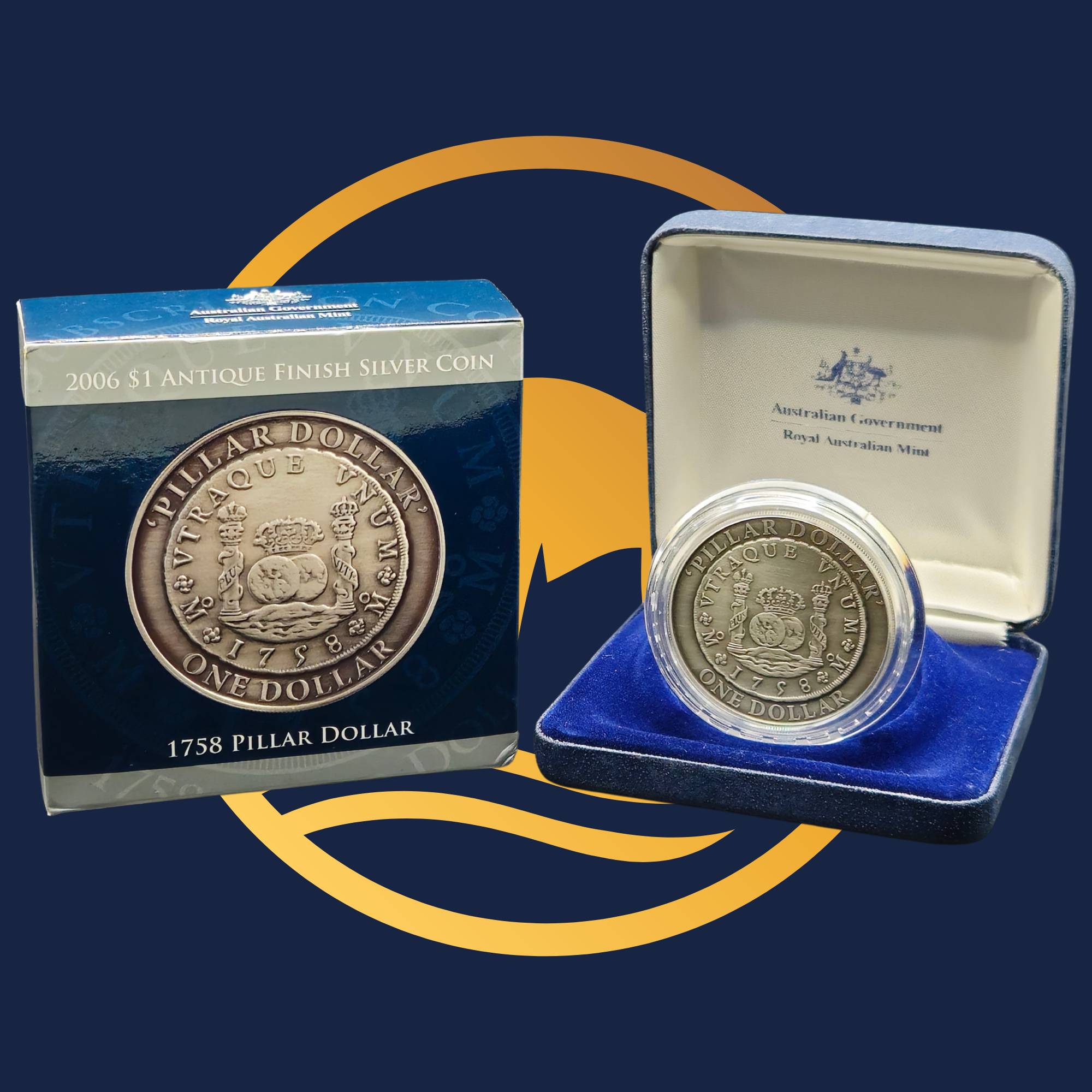Royal Australian Mint 2006 Pillar Dollar silver coin in a display case with packaging featuring Australian government branding.