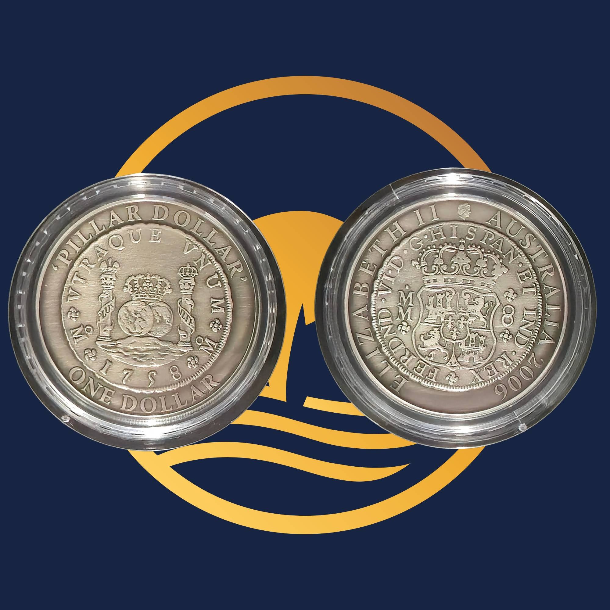 Royal Australian Mint 2006 Pillar Dollar silver coin reverse and obverse with engraved text and designs on a blue background with a yellow circular logo.