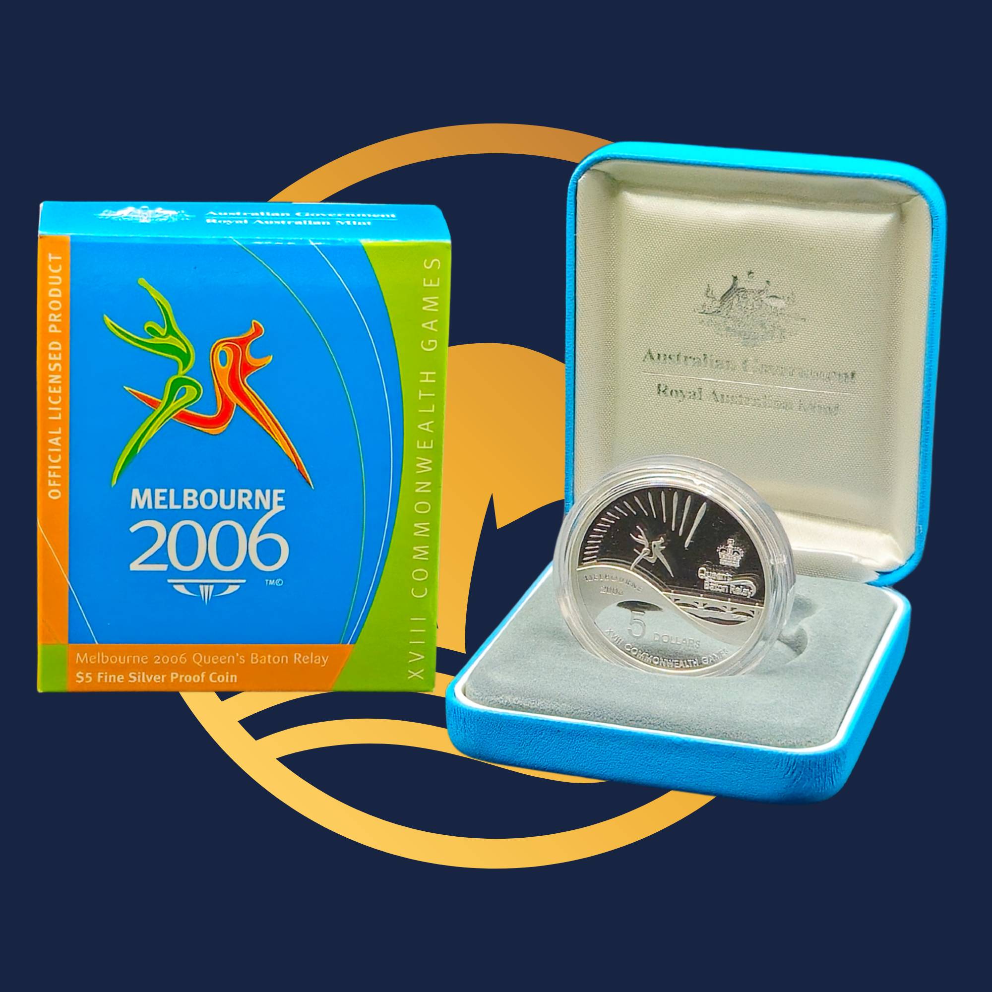 Royal Australian Mint 2006 Queen's Baton silver coin in a blue case with a Melbourne 2006 Commonwealth Games box on a dark blue background