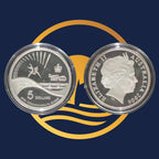 Royal Australian Mint 2006 Queen's Baton silver coin reverse and obverse with engraved designs on a blue background