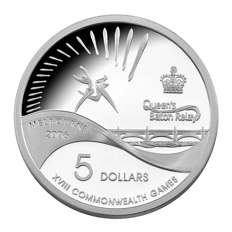 Royal Australian Mint 2006 Queen's Baton silver coin with Olympic-themed design featuring text and symbols