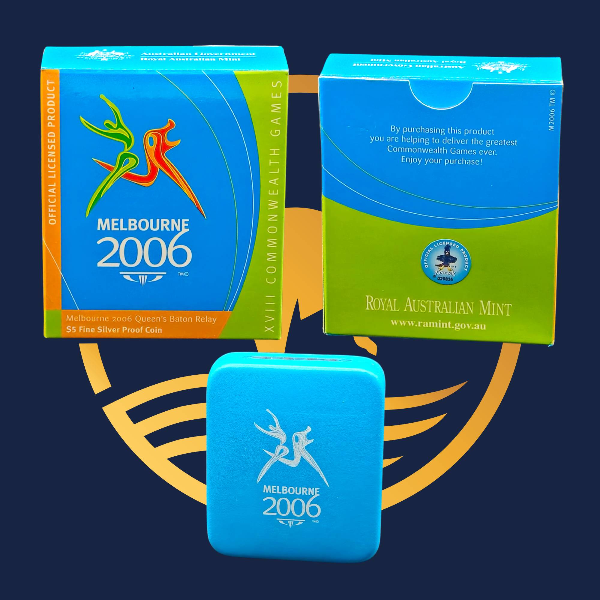 Royal Australian Mint 2006 Queen's Baton Melbourne 2006 Commonwealth Games packaging, featuring a blue box and green and orange boxes on a dark blue background.