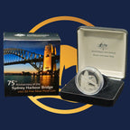 Royal Australian Mint 2007 silver coin in a display case with packaging featuring 75th anniversary of the Sydney Harbour Bridge on a blue background