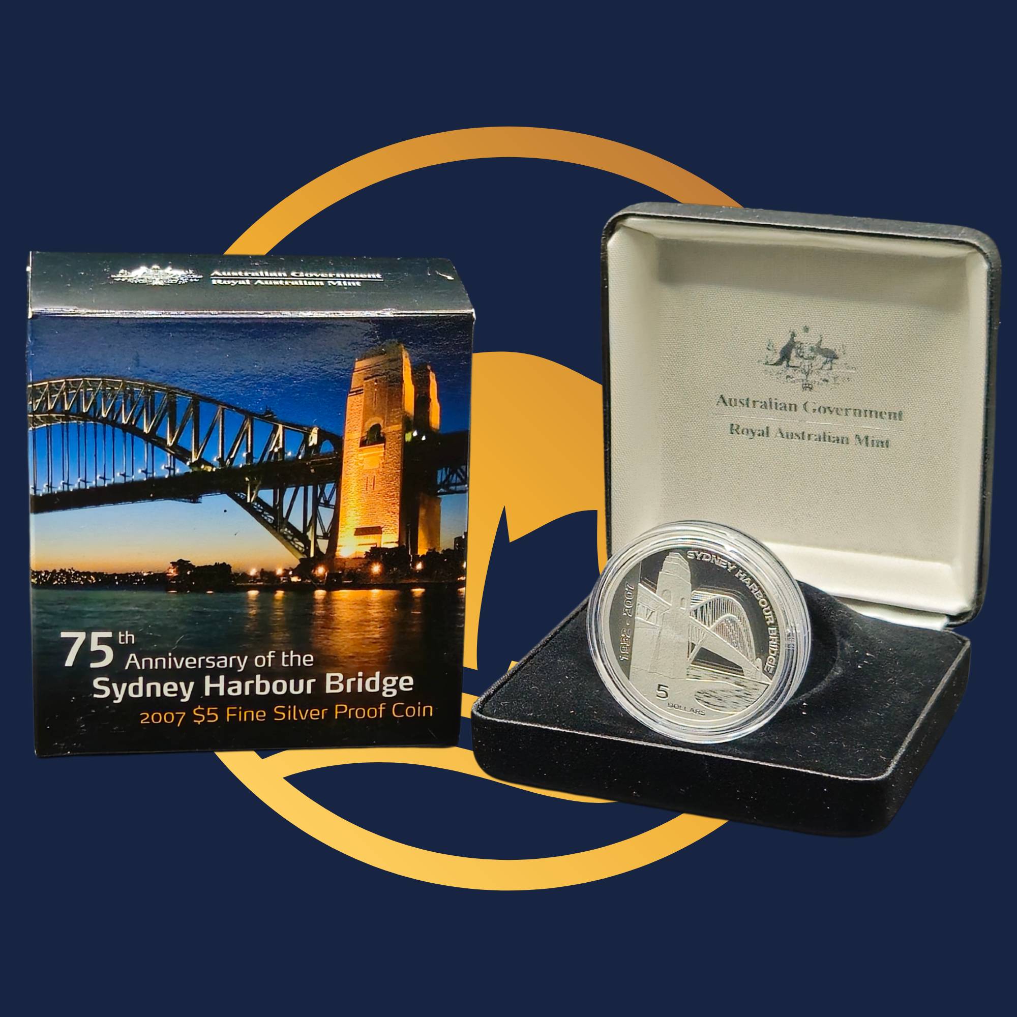 Royal Australian Mint 2007 silver coin in a display case with packaging featuring 75th anniversary of the Sydney Harbour Bridge on a blue background