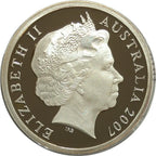 Royal Australian Mint silver coin with the profile of a queen and the text 'Elizabeth II Australia 2007' on a white background
