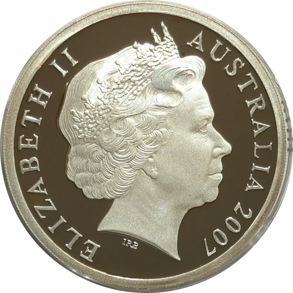 Royal Australian Mint silver coin with the profile of a queen and the text 'Elizabeth II Australia 2007' on a white background