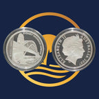 Royal Australian Mint 2007 two coins featuring the Sydney Harbour Bridge and a portrait of Queen Elizabeth II on a blue background with gold accents.