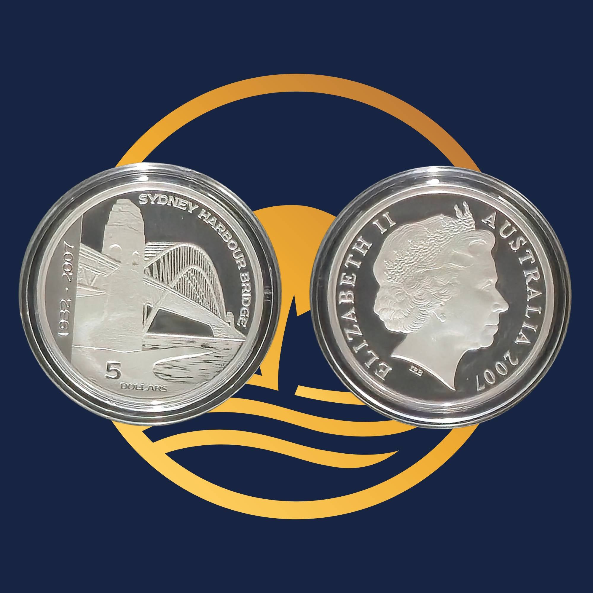 Royal Australian Mint 2007 two coins featuring the Sydney Harbour Bridge and a portrait of Queen Elizabeth II on a blue background with gold accents.