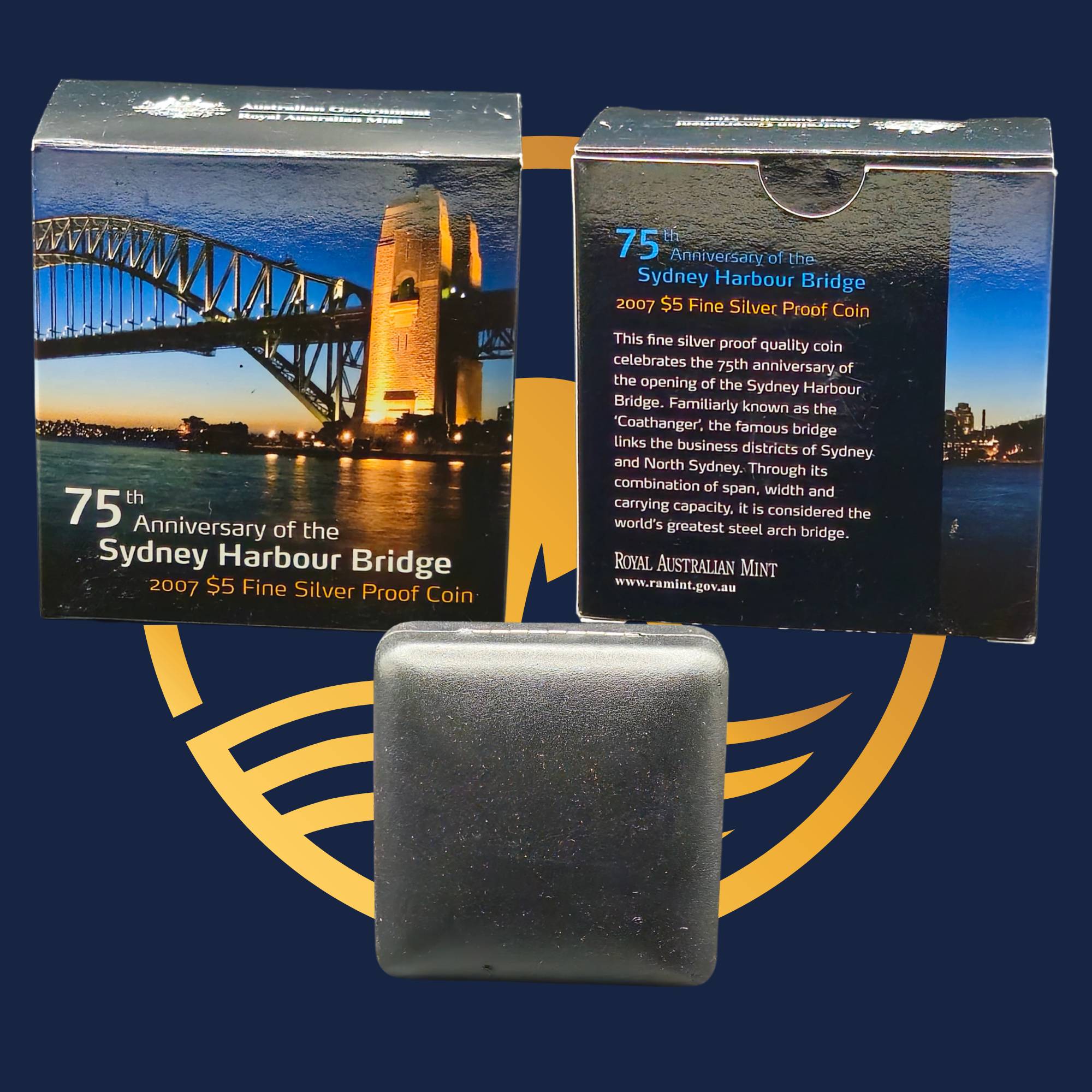 Royal Australian Mint 2007 75th anniversary of the Sydney Harbour Bridge silver coin packaging with coin case in front