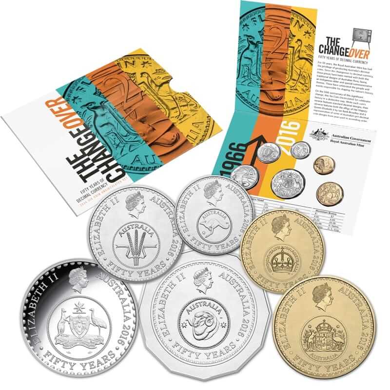2016 Fifty Years of Decimal Currency The Changeover Six-Coin Uncirculated Set, set of Australian coins with promotional materials for 'The Changeover' on a white background