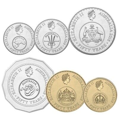 2016 Fifty Years of Decimal Currency The Changeover Six-Coin Uncirculated Set, a set of coins commemorating Australia's fifty years, featuring Queen Elizabeth II's portrait and national emblem.