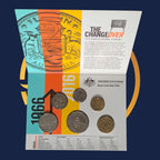 2016 Fifty Years of Decimal Currency The Changeover Six-Coin Uncirculated Set, collectible coin set packaging with coins and educational text on a blue background
