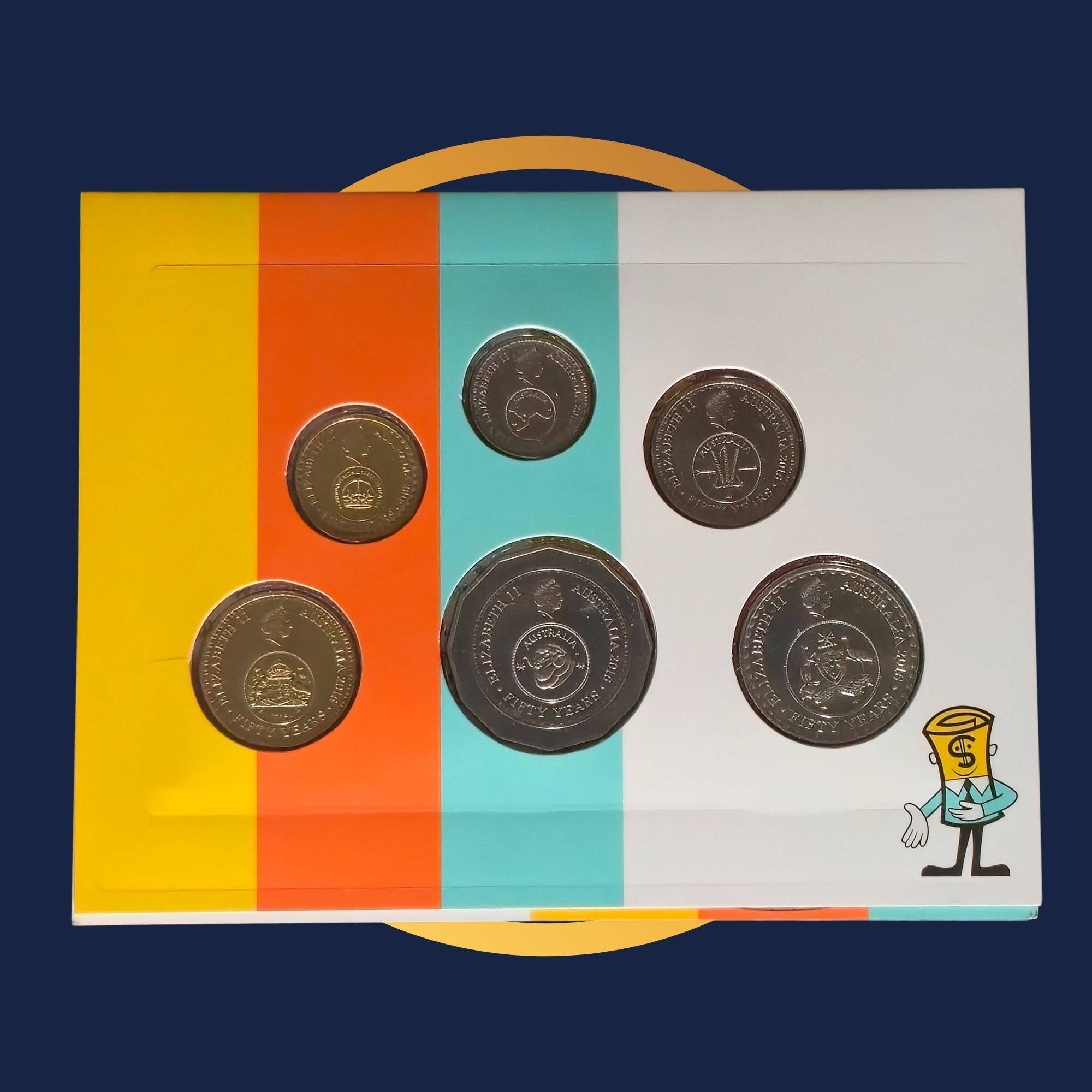 2016 Fifty Years of Decimal Currency The Changeover Six-Coin Uncirculated Set, a set of five coins in a colourful display case on a blue background