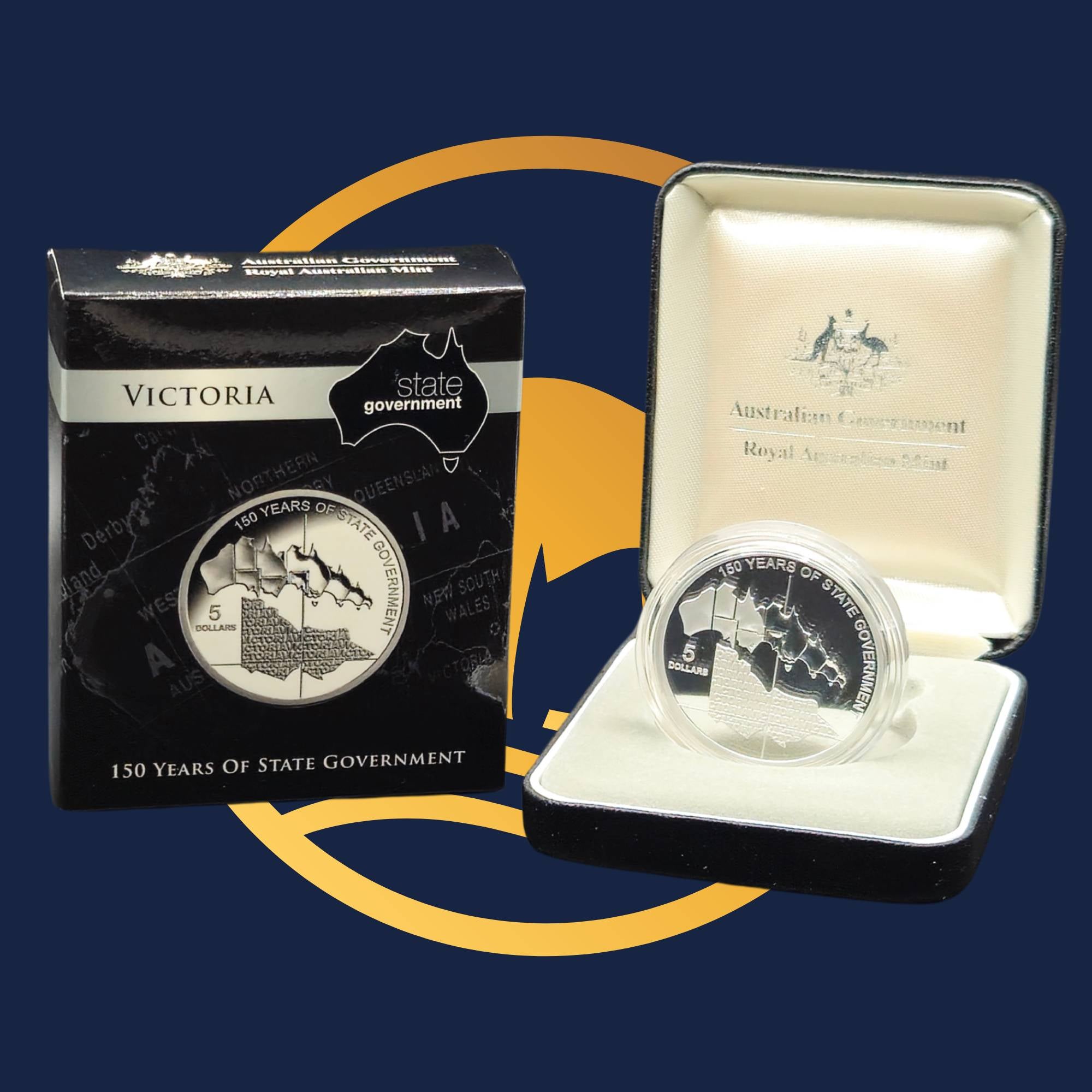 Royal Australian Mint 2006 silver coin in a display case with Victoria state government packaging on a blue background