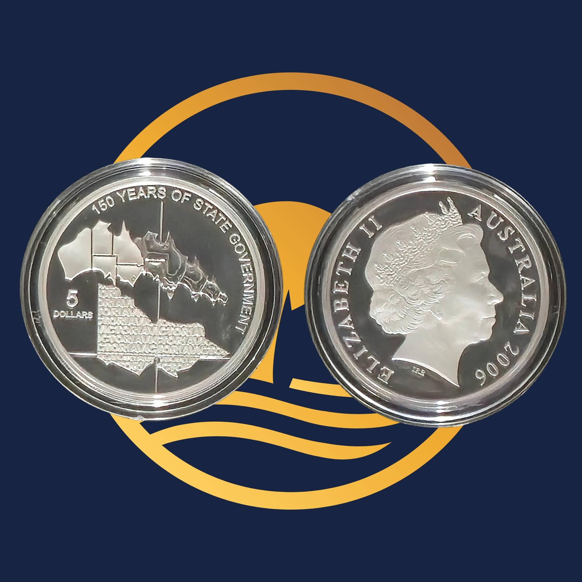 Royal Australian Mint 2006 silver coin reverse and obverse with engraved designs on a blue background