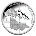 Royal Australian Mint 2006 silver coin commemorating 150 years of state government with text and map design.