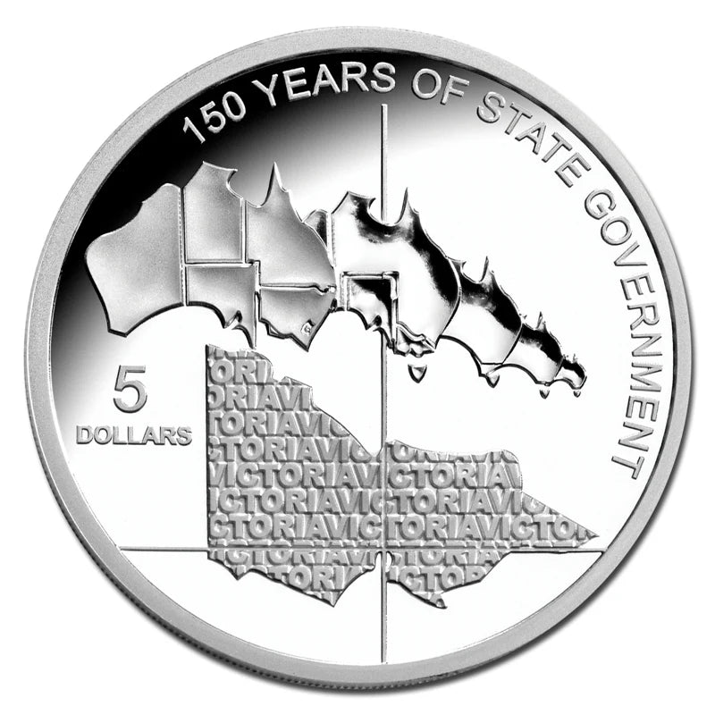 Royal Australian Mint 2006 silver coin commemorating 150 years of state government with text and map design.