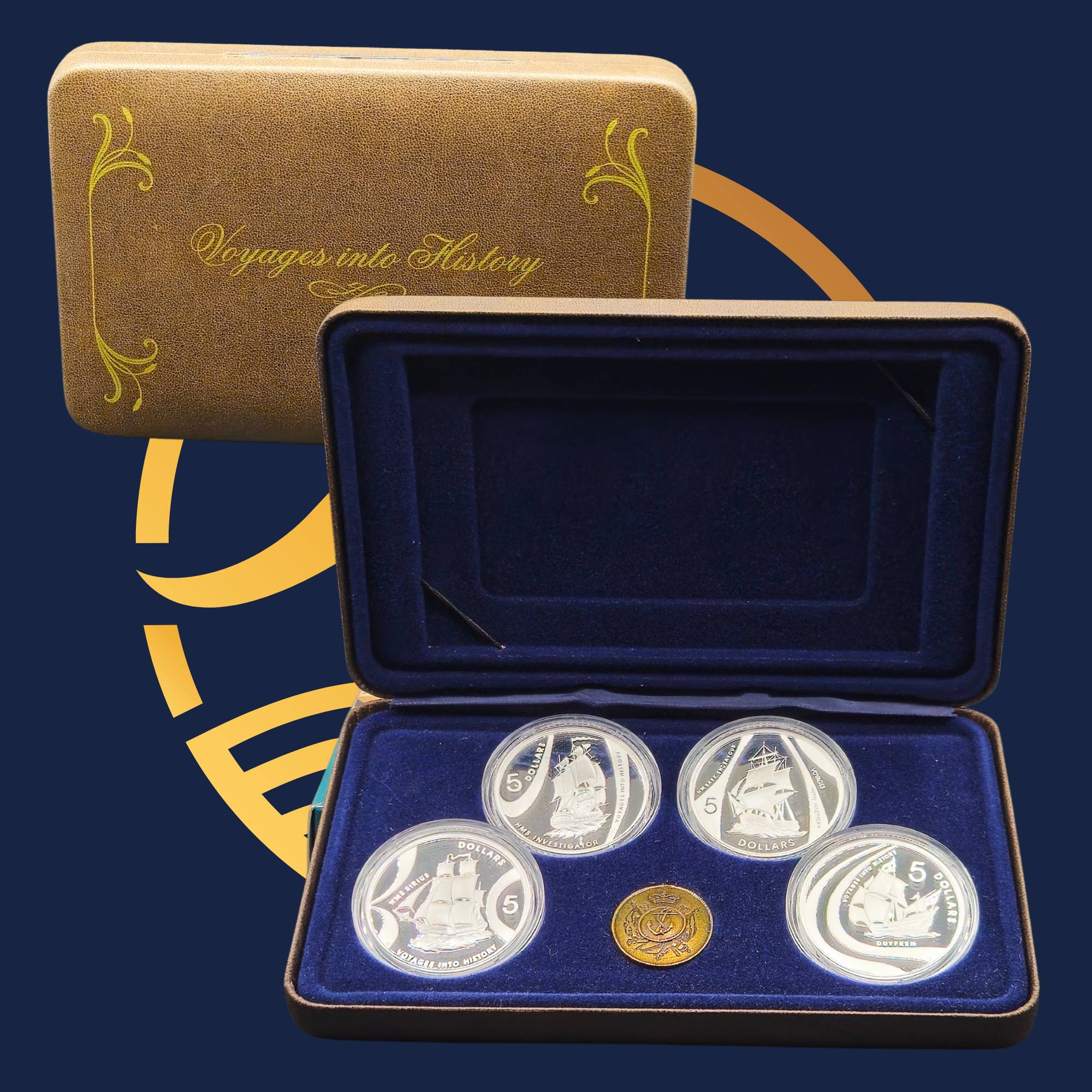 Royal Australian Mint 2002 set of silver coins in an open display case with 'Voyages into History' branding.