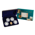 Royal Australian Mint set of silver coins in an open display case, accompanied by a green box labelled 'Masterpieces in Silver 2002'.