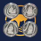 Royal Australian Mint 2002 Voyages into History four silver coins with ship designs on a blue background